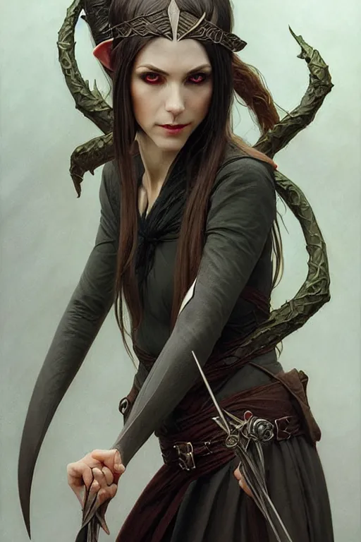 Image similar to portrait of a vampire elven archer, dark, piercing eyes, gentle expression, elegant clothing, photorealistic, highly detailed, artstation, smooth, sharp focus, art by michael whelan, artgerm, greg rutkowski and alphonse mucha