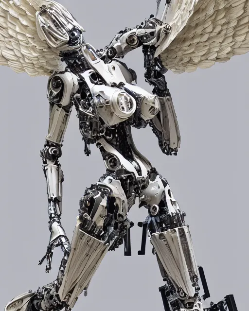 Image similar to sculpture of female angel with solarpunk mecha humanoid robotic parts with bright led lights, pudica pose gesture, by renoir, in a white room, ultra - realistic and intricate, hdr 8 k