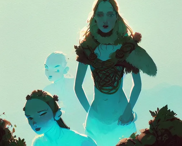 Image similar to celtic naturepunk with druid by atey ghailan, by greg rutkowski, by greg tocchini, by james gilleard, by joe fenton, by kaethe butcher, dynamic lighting, gradient light blue, brown, blonde cream and white color scheme, grunge aesthetic