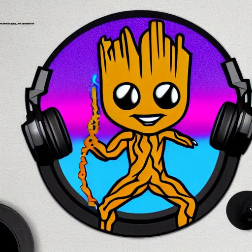 Image similar to svg sticker of a Pop-Wonder Groot-Marvel-Avenger at a rave, spinning records, giant headphones rocking out, wearing headphones, huge speakers, dancing, rave, DJ, spinning records, digital art, amazing composition, rule-of-thirds, award-winning, trending on artstation, featured on deviantart