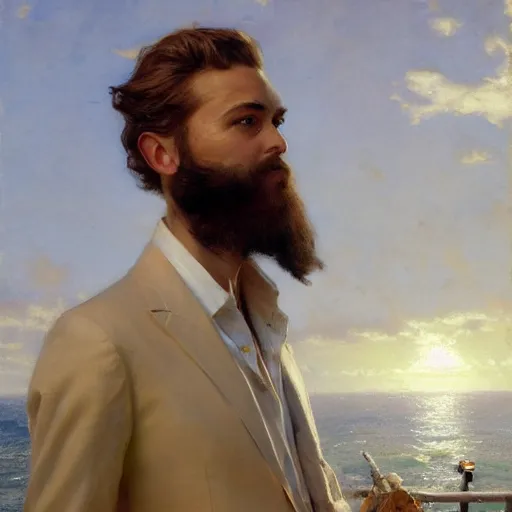 Image similar to detailed cinematic wide shot of beautiful attractive young man pericing white suit light brown hair thick beard slim face symettrical face clean skin blue eyes black clothes, ultra realistic, in sea, spring light, painting by gaston bussiere, craig mullins, j. c. leyendecker