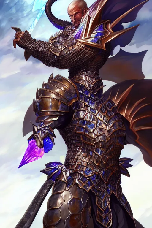 Image similar to Full body character concept art of an anime draconian warrior knight, iridescent scales, cool face, muscular, by Stanley Artgerm Lau, WLOP, Rossdraws, James Jean, Andrei Riabovitchev, Marc Simonetti, and Sakimichan, tranding on artstation