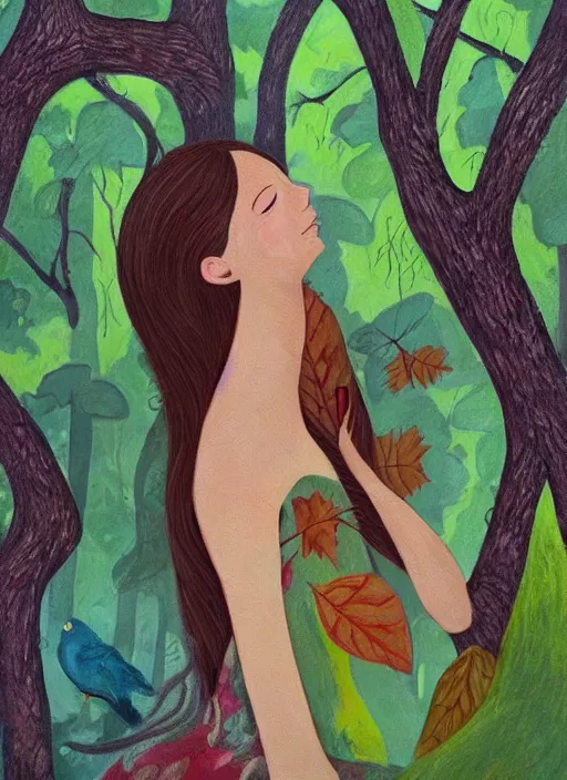 Image similar to a wonderful childrens illustration portrait painting of a woman in a forest with serene emotion, art by tracie grimwood, forest, trees, many leaves, birds, whimsical, aesthetically pleasing and harmonious natural colors