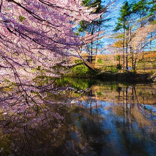 Image similar to forest cabin realistic photography 1 5 0 mpx wide angle lake deer cherry blossom