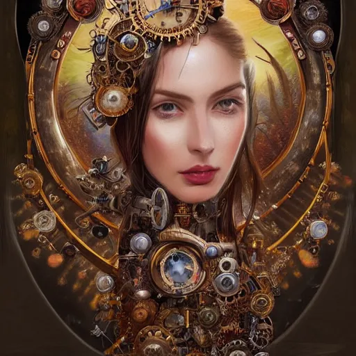 Image similar to Head and shoulders masterpiece portrait of Lana Rhoades as a steampunk beautiful goddess, she half human and half robot, she is embellished with few gears wheels and gemstones, by William Holman Hunt, Greg Rutkowski, Stanely Artgerm, Tooth Wu, Peter Gric, Aaron Horkey, trending on Artstation, digital art, mythological, symmetrical artwork, cinematic lighting, hyper realism, high detail, octane render, ultra realistic, golden ratio, 4k, 8k