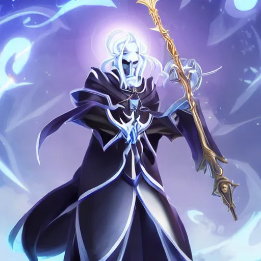 Image similar to Karthus from League of Legends holding a magical staff, laughing, anime art style