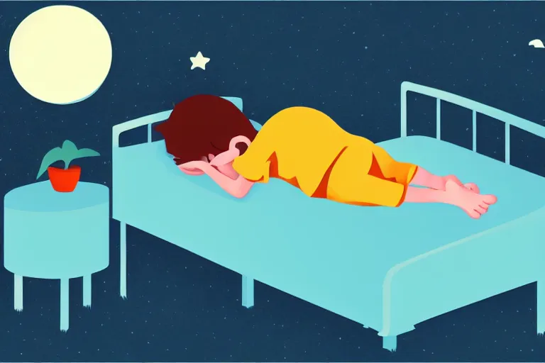 Image similar to Digital illustration of a kid sleeping on his bed at night, cute