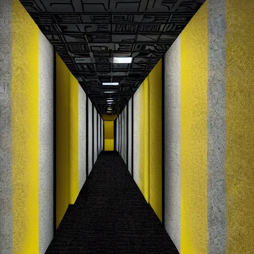 Prompt: a tall black skinny, intelligent and menacing monster is roaring from behind a wall in a cramped empty liminal office hallway with dull yellow wallpaper and old moist yellow carpet, tilted frame, intricate, fluorescent lighting lit from above, ultra 4k, intricate, realistic