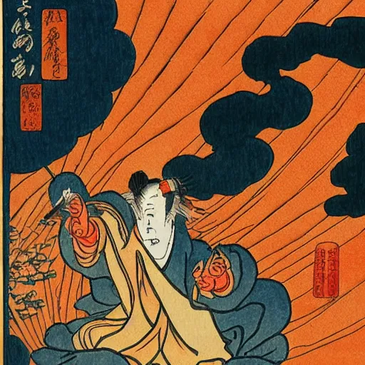 Image similar to mage casting fireball, 8k, ultra detailed, Chinese watercolor painting, Ukiyo-e style by Katsushika Hokusai