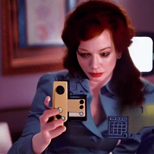 Image similar to a still of Christina Hendricks playing with a Gameboy, in the movie Lifeforce (1985), highly detailed and intricate, cinematic lighting, 8k remastered HDR