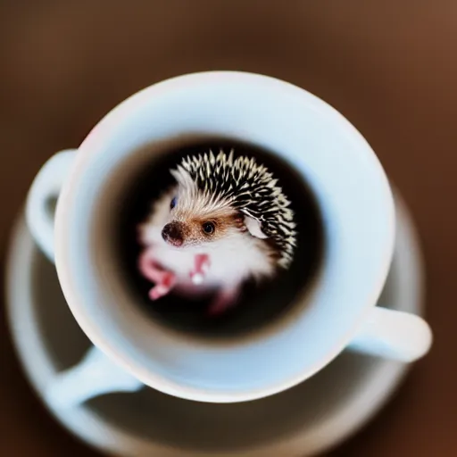 Image similar to baby hedgehog in a teacup, photography, bokeh, minimalistic, 8 k