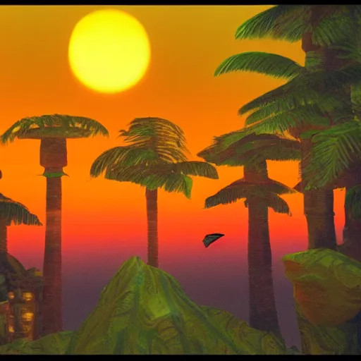 Prompt: photo of a sunset inside the first level of donkey kong country ( 1 9 9 4 ), real life, photorealistic, soft focus, long exposure