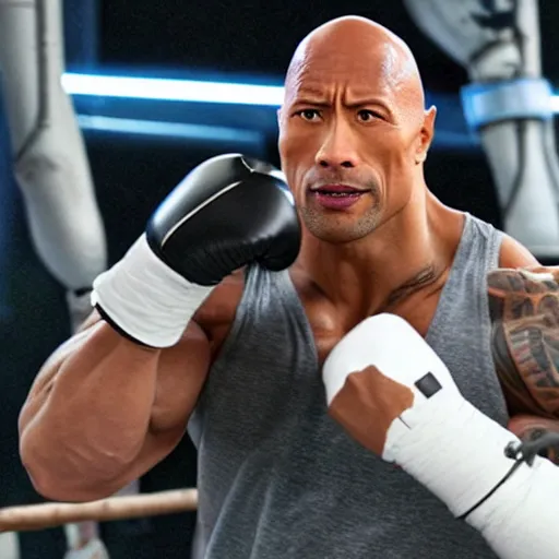 Image similar to Dwayne Johnson punching with a robotic arm