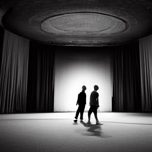 Prompt: Two male silhouettes on a gigantic abandoned theatre stage, they are walking towards the camera, there are curtains in the background, wide-angle, zoomed out, black-and-white, 50 mm