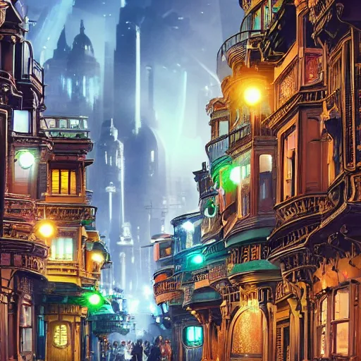 Image similar to a futuristic victorian city street, national geographic cover, award winning, 4 k, smooth, bright, light, colorful, victorian, futuristic, cyber - w 7 6 8