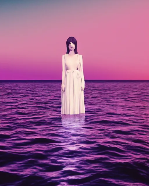 Image similar to a woman in a white dress standing in the water, an album cover by stanley twardowicz, trending on cg society, retrofuturism, retrowave, chillwave, synthwave