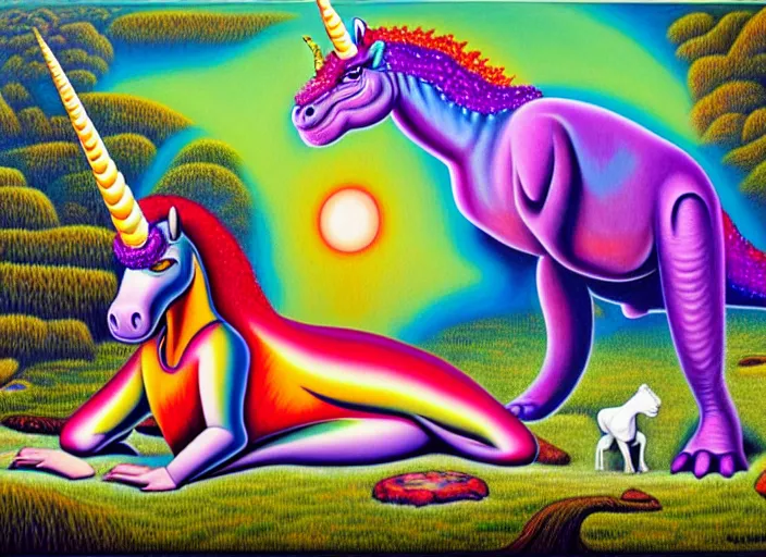 Prompt: T-rex and Unicorn relaxing, Alex Grey,Oil on Canvas detailed,