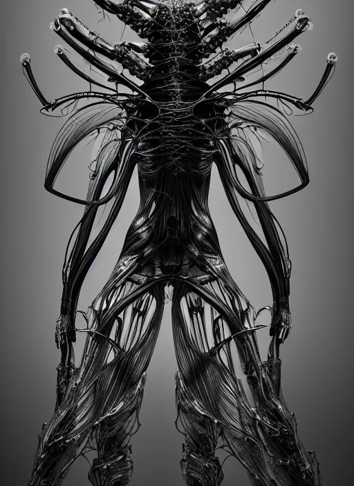 Image similar to iris van herpen gothic inflateble dark dress, perfect symmetrical body, helmet on face, full body shot, alien, plant predator, guyver, giger, wires, tubes, veins, jellyfish, white biomechanical details, wearing epic bionic cyborg implants, masterpiece, intricate, biopunk, vogue, highly detailed, artstation, concept art