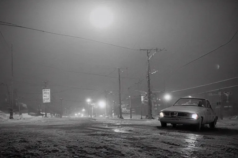 Image similar to an emty street of a city on the Moon called Noviy Norilsk, with a car at night with only by one street light, photo by Gregory Crewdson,