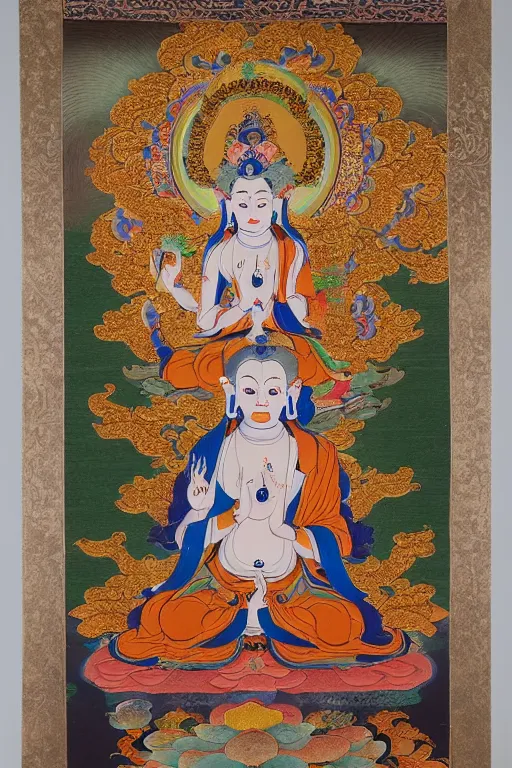 Prompt: a stunning intricate high-quality ornate ultradetailed Manjusri bodhisattva subdue demons, thangka arts, Tibetan, ca 12th century, Manjusri bodhisattva is shown seated on a lotus throne, with his right hand resting on his knee and his left hand holding a sword, Manjusri bodhisattva wears a crown and ample robes, and he has a serene expression on his face. The background is decorated with an intricate pattern of flowers and clouds, by wu daozi, zhang xuan, 64 megapixels, HDR, filmic, Octane, 8K resolution, ultrafine detail, ultrawide-angle lens, micro details, ray tracing,