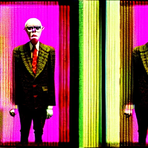 Prompt: stereoscopic image of gilbert and george being possessed by the ghost of alan turing, chromatic aberration, noise, butcher billy style