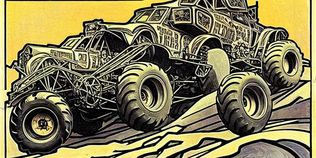 Image similar to monster truck rally, Alphonse Mucha