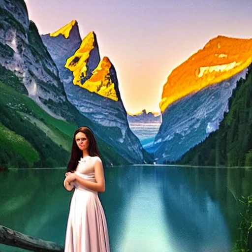 Image similar to A girl that looks like the mona lisa with beautiful switzerland landscape in the background