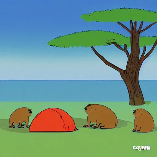 Image similar to capybaras camping on the seaside by yuga labs and by matt groening