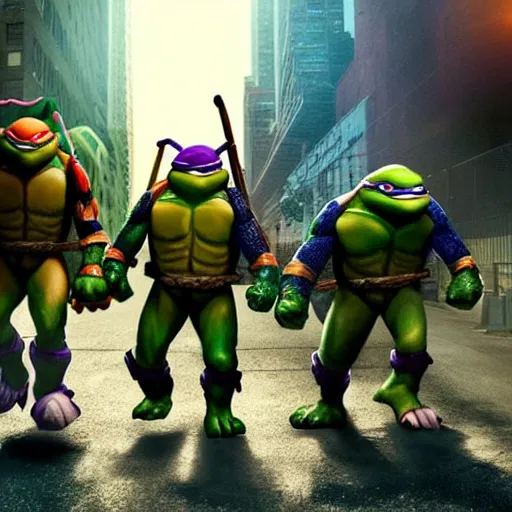 Image similar to Epic shot of Teenage Mutant Ninja Turtles coming out from the sewers