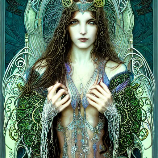 Image similar to a closeup portrait of a beautiful female art nouveau bohemian cyberpunk musician in filigree fractal robes by ted nasmith and luis royo