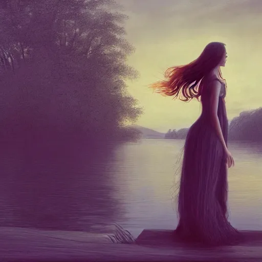 Image similar to young beautiful woman by the lake, hair waving in the wind, sunset, high detail, dramatic light, digital art, chiaroscuro, dark, painted by seb mckinnon and caspar david friedrich, trending on artstation