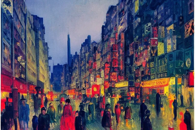 Image similar to dream festival, revelers playing games and shopping at a night market, low angle view from a city street lined with shops and apartments, glowing street signs, city like hong kong, tokyo, barcelona, oil painting by edvard munch, beksinski