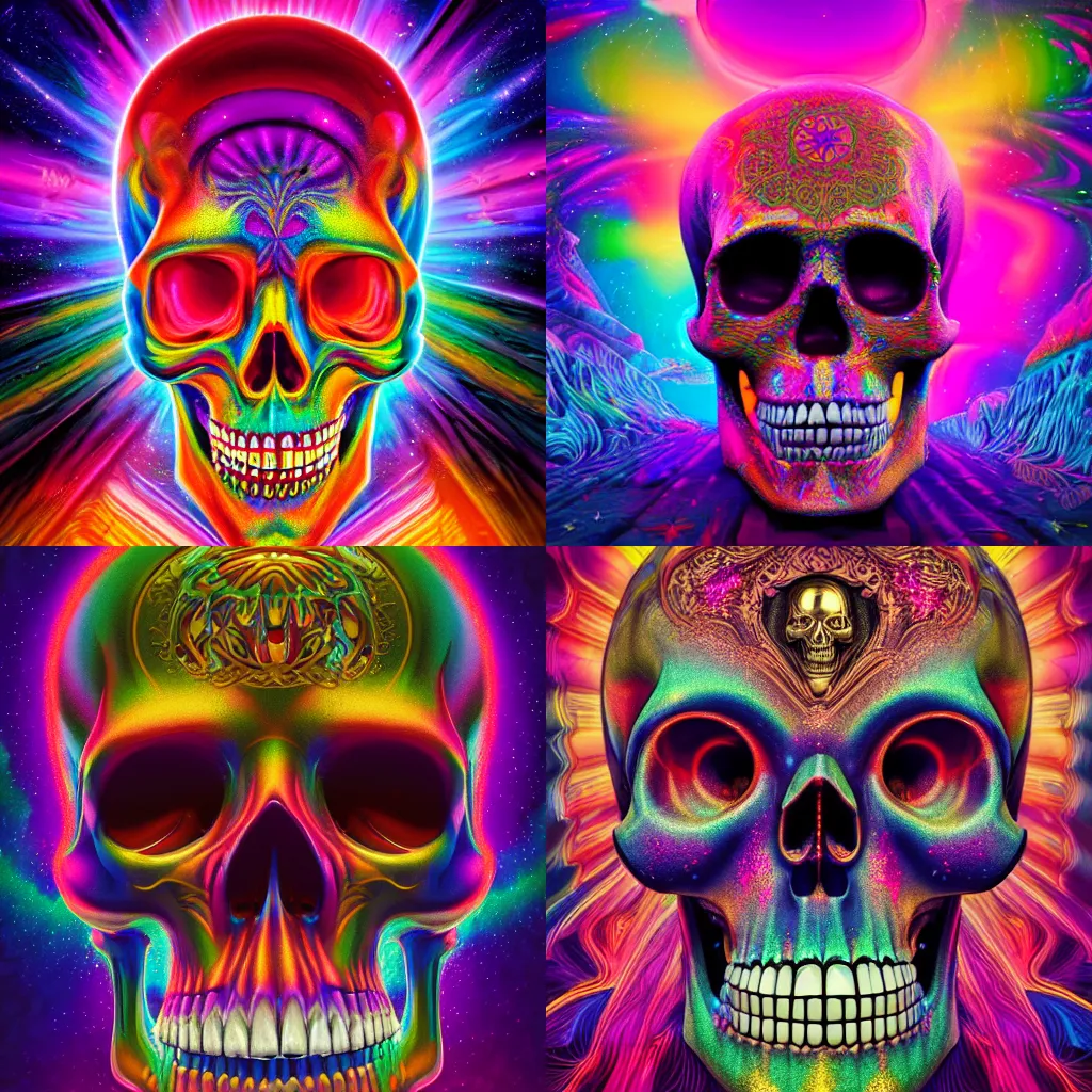 Prompt: beautiful matte painting of psychedelic glittering skull by dan mumford and alex gray and lisa frank, octane render, HDR, vivid color, volumetric lighting, unreal engine, CGsociety