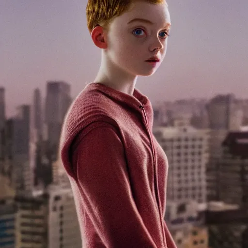 Image similar to sadie sink, portrait with buzzcut hair and city background, smokewave aesthetic