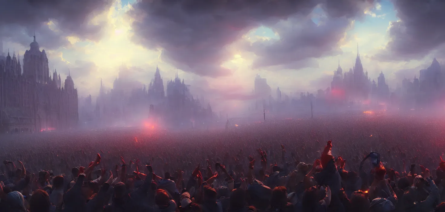 Image similar to painting of a crowd with raised arms pointing towardб demonstration, cinematic view, epic sky, detailed, concept art, low angle, high detail, warm lighting, volumetric, godrays, vivid, beautiful, trending on artstation, by jordan grimmer, huge scene, art greg rutkowski