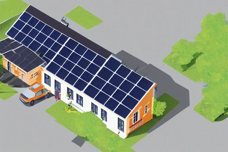 Prompt: mansard roof illustration, few solar panels on the roof, isometric view