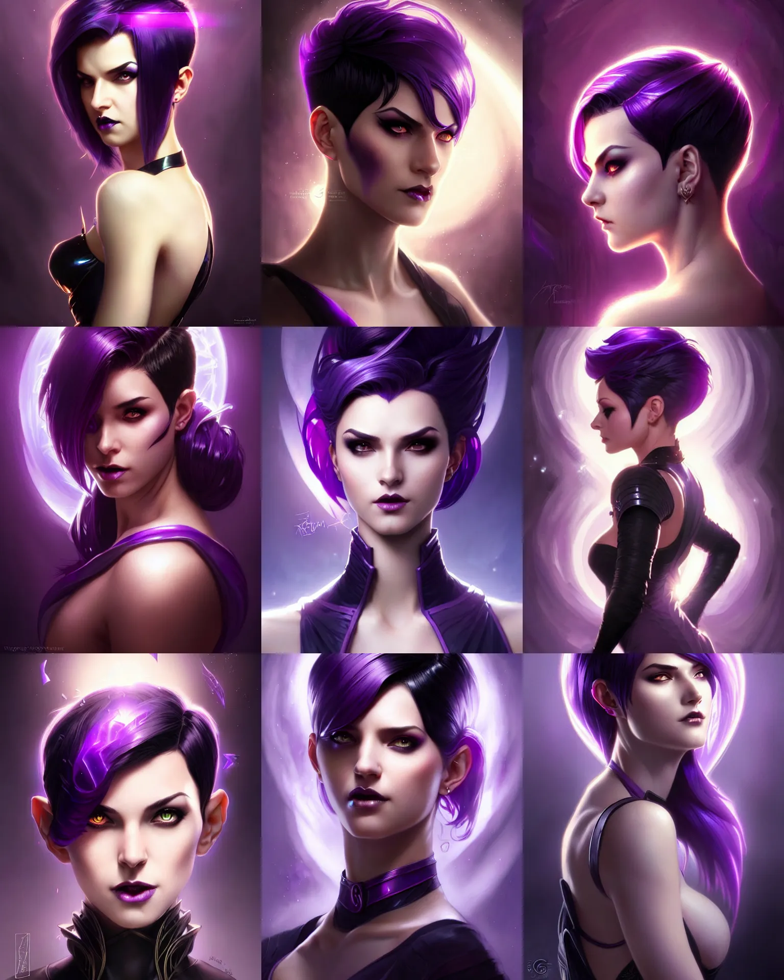 Prompt: sexy attractive magic female, dark supervillain, pixie undercut hairstyle, black to purple fade hairstyle, fantasy magic, rim light, lens flare, intricate, elegant, sharp focus, illustration, highly detailed, digital painting, concept art, matte, art by Artgerm and Greg Rutkowski and Alphonse Mucha, masterpiece, Refined, upscaled