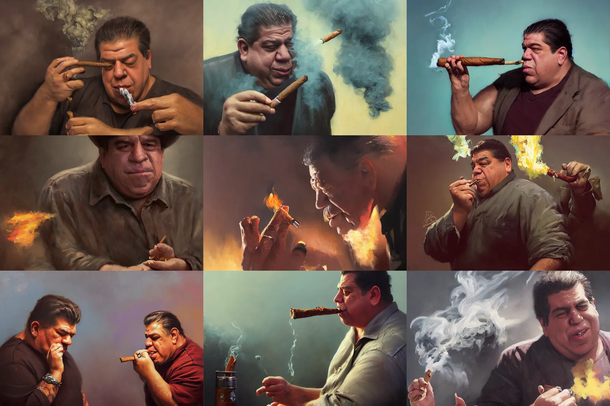 Prompt: an oil painting of uncle joey diaz smoking a cuban cigar, on stage, ultra realistic, highly detailed, masterpiece, cinematic by greg rutkowski, frank frazetta, beeple, christian macnevin, beeple, wlop, krenz cushart, epic fantasy character art, volumetric lighting, cgsociety