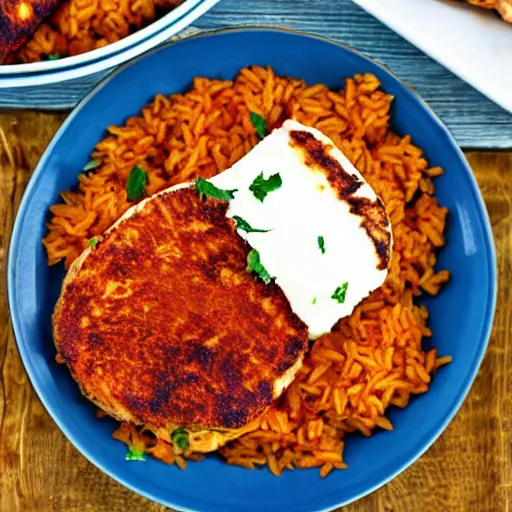 Image similar to jollof rice with haloumi cheese on the side