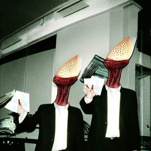 Image similar to conehead lizard businessmen burning money for fun, 35mm grainy film photography