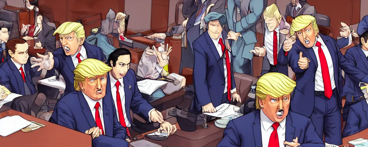 Image similar to donald trump being judged in phoenix wright, ace attorney, 4 k, high quality