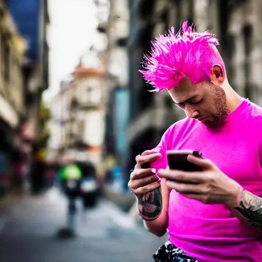 Image similar to street portrait of a pink with a pink mohawk, looking to his phone, candid portrait, street photography, high detail, 5 0 mm lens, heavy bokeh, fine details