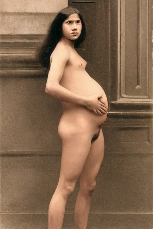 Image similar to Full-length portrait of a handsome!! clean shaven young pregnant male on the streets of Singapore, historically reliable photo chronicle, 1975, ultra detailed digital art, octane render, 4K, by John William Waterhouse and Edwin Longsden Long and Theodore Ralli and Nasreddine Dinet