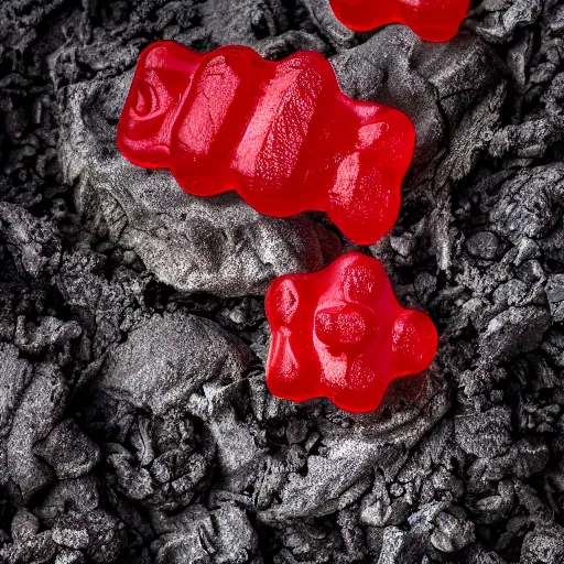 Image similar to gummy bear made from the sins of the father, dark, decrepit, war barren, red, lost, 4 k, octane render