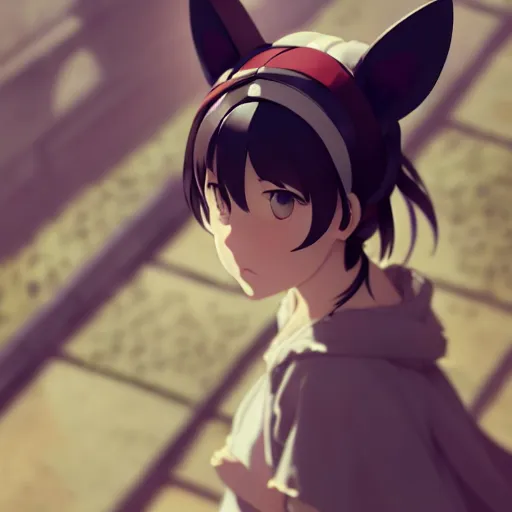 Image similar to a film still portrait of a girl with cat ears, finely detailed features, closeup at the faces, perfect art, at an ancient city, gapmoe yandere grimdark, trending on pixiv fanbox, painted by greg rutkowski makoto shinkai takashi takeuchi studio ghibli, akihiko yoshida