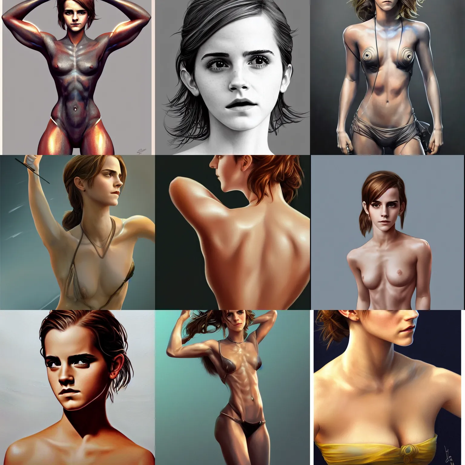 Prompt: Emma Watson, intricate upper body, whole body, highly detailed, digital painting, artstation, concept art, smooth, sharp focus, illustration, art by Hajime Sorayama