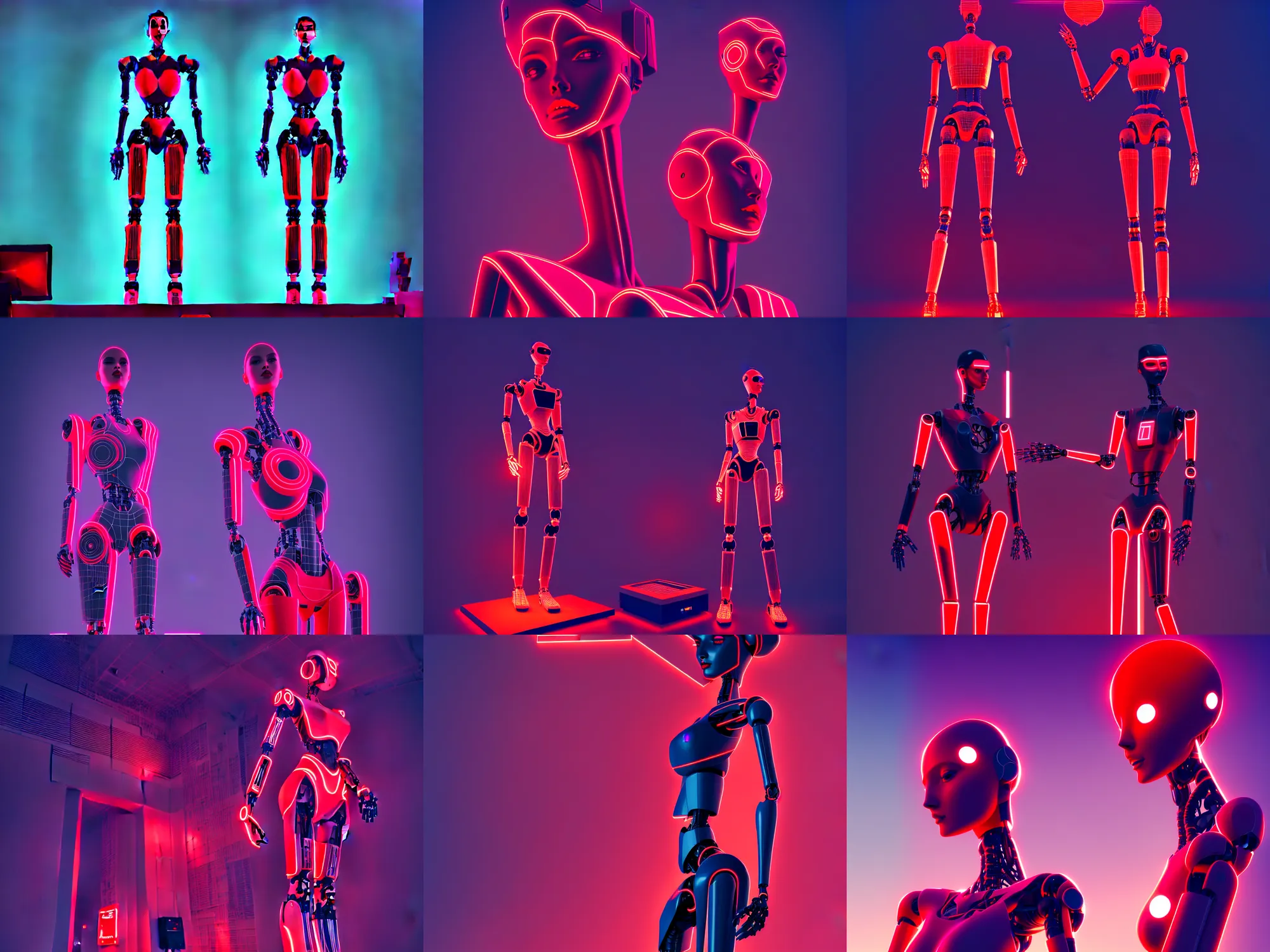 Prompt: beautiful tall female robot printed with red and black 3 d geometrical neon guarding a wall of computers + a portal to a vaporwave world, flowering orchids transcendent, clean linework, dramatic, finely detailed, 4 k, trending on artstation, photorealistic, volumetric lighting, octane render