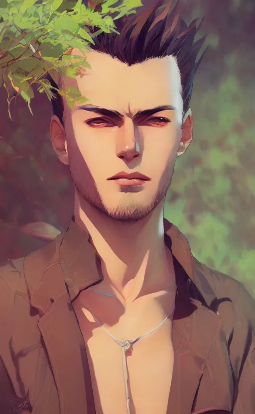 Image similar to a portrait of a male character on an arid forest, vivid colors, soft lighting, atmospheric, cinematic, moody, in the style of ilya kuvshinov and range murata, krenz cushart, rule of thirds, oil on canvas, 8 k