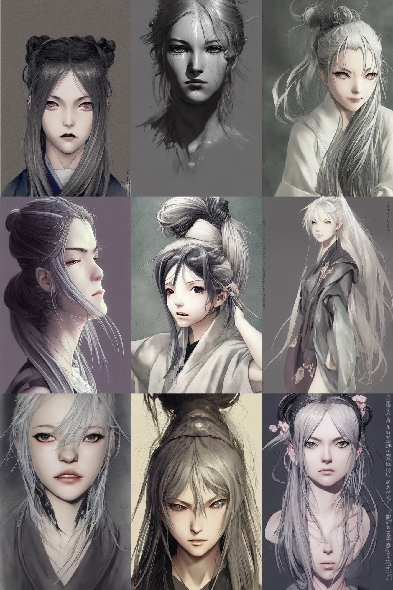 Prompt: girl, silver hair (ponytail), winking, kimono, trending on artstation, detailed, cinematic portrait, ilustration by Takehiko Inoue ((((and Yoann Lossel))))