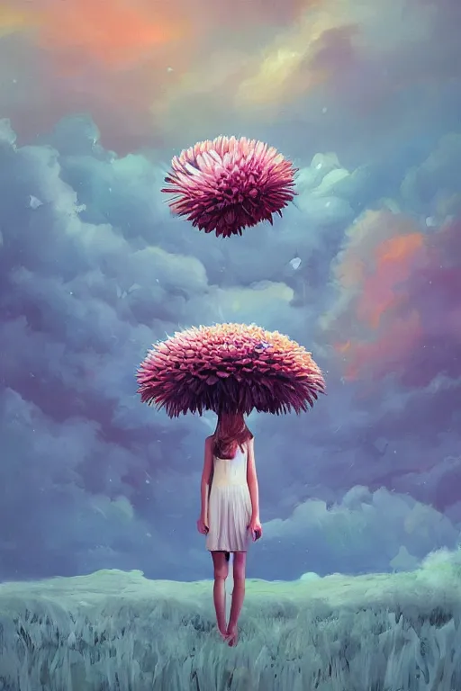 Prompt: closeup, giant daisy flower as head, girl between some monsteras, surreal photography, wind and cold, dramatic sky, impressionist painting, digital painting, artstation, simon stalenhag